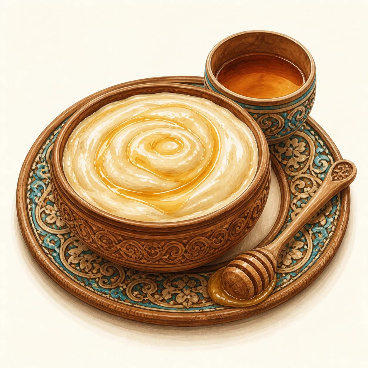 Illustration of creamy honey-colored balkaimak in an ornate bowl with tea