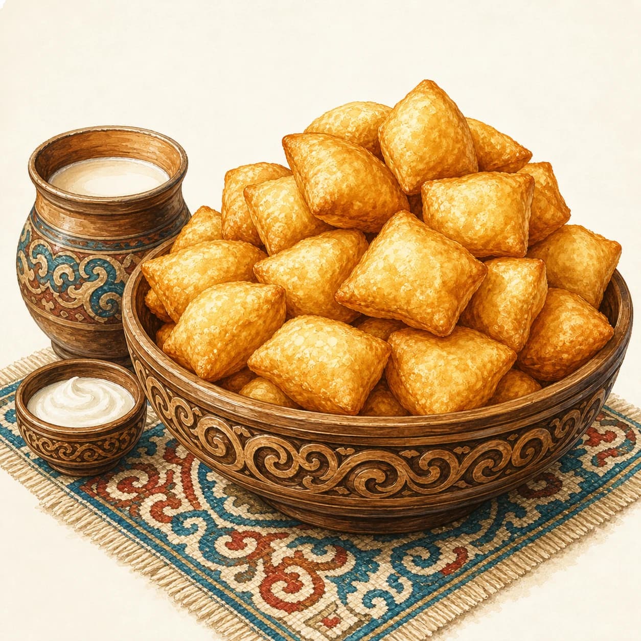 Illustration of golden baursak in a carved bowl with tea and cream