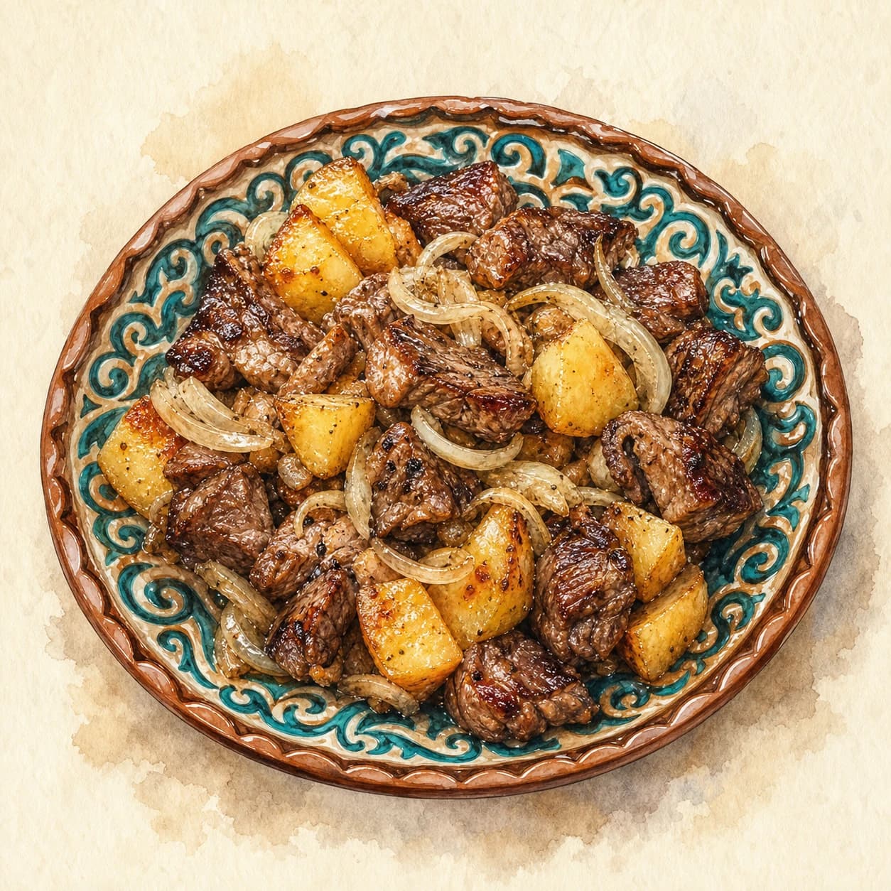 Watercolour atlas plate of kuyrdak with browned meat, potatoes and onion ribbons