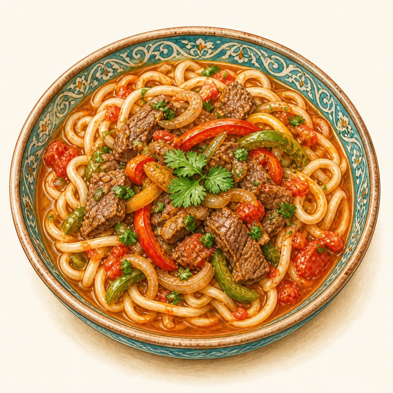 Illustration of lagman noodles with vegetables, herbs, and glossy red-gold broth
