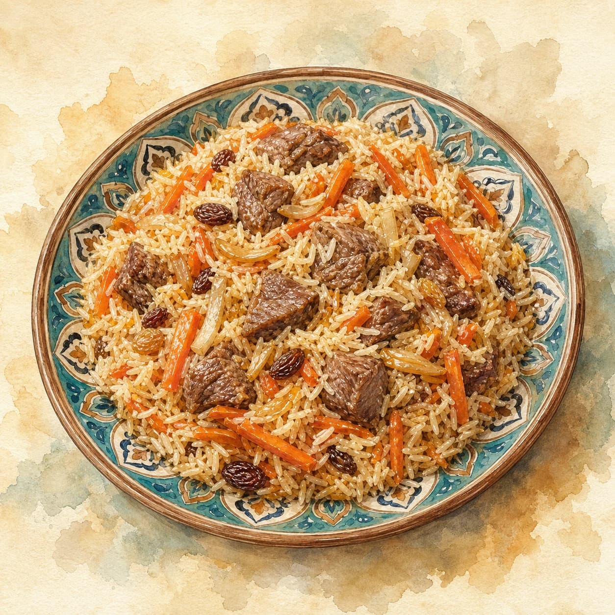 Watercolour atlas plate of palau with rice, carrots and meat