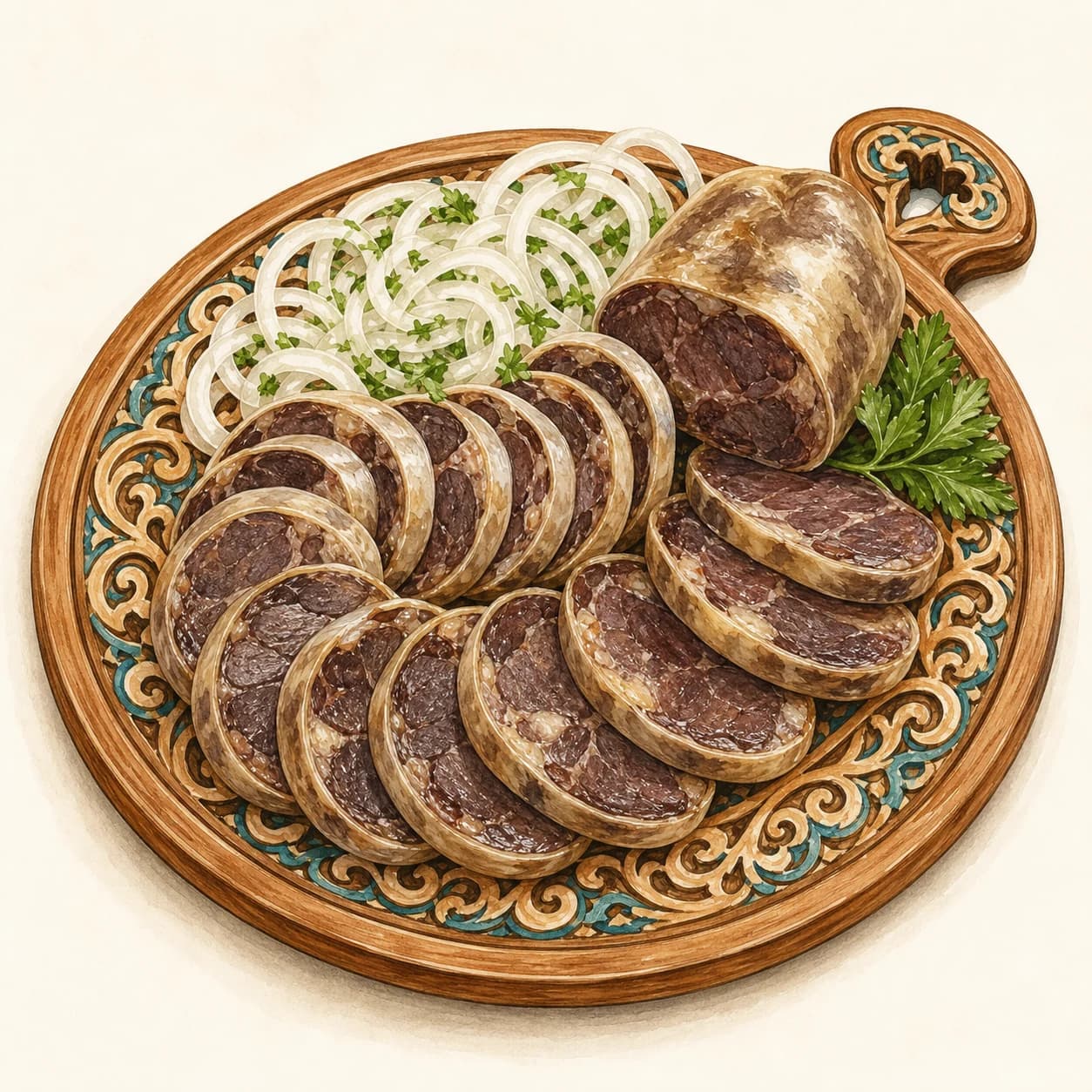 Illustration of sliced qazi sausage with onion rings and herbs on a carved board