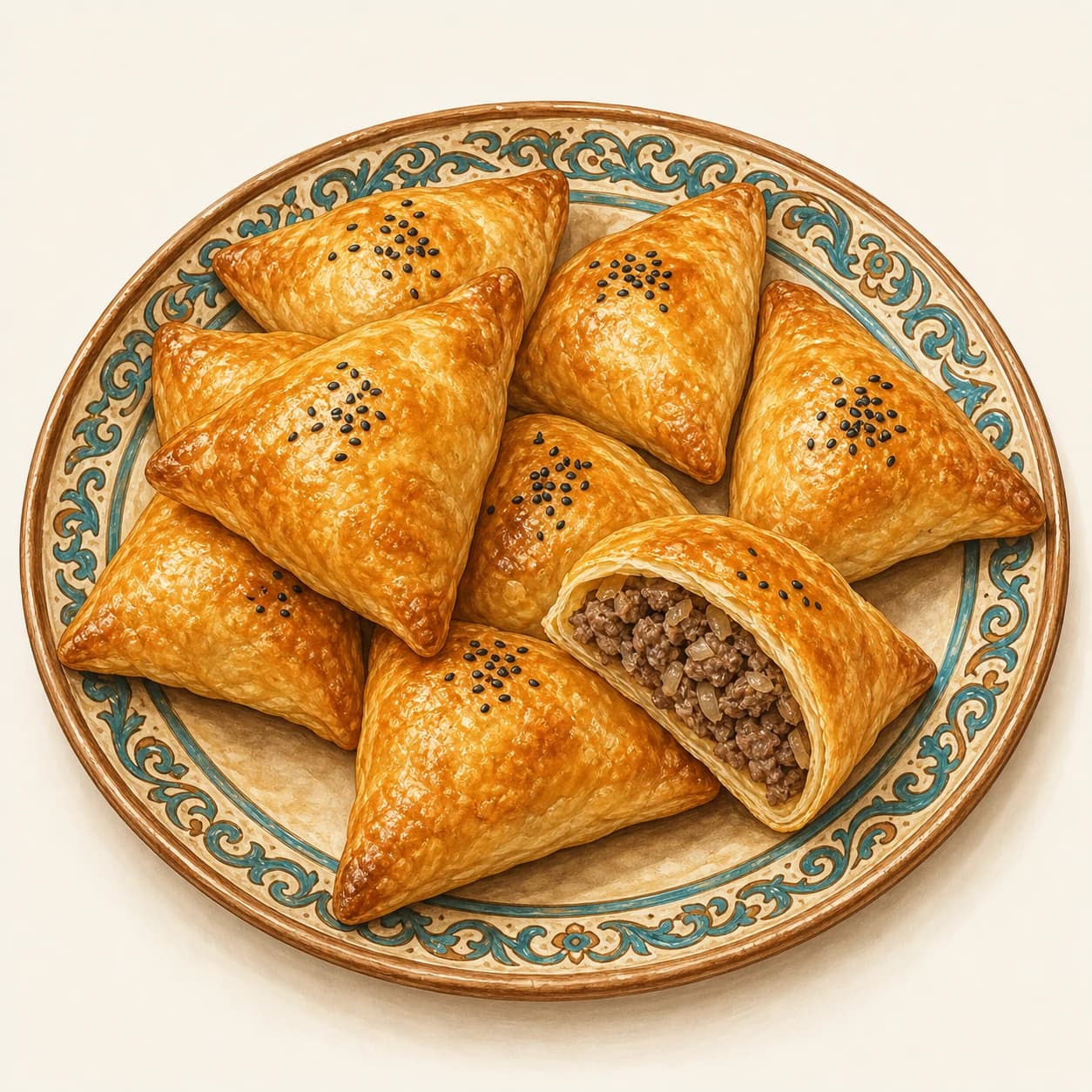 Illustration of golden triangular samsa pastries on an ornamented plate