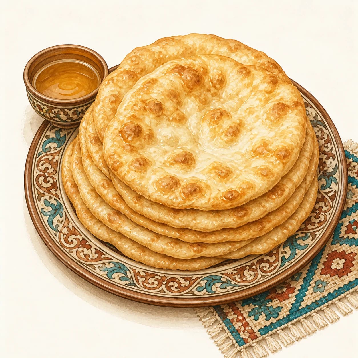 Illustration of stacked round shelpek flatbreads with tea on a Kazakh textile