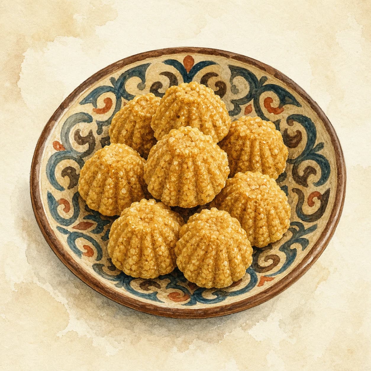Watercolour atlas plate of hand-formed golden zhent grain sweets